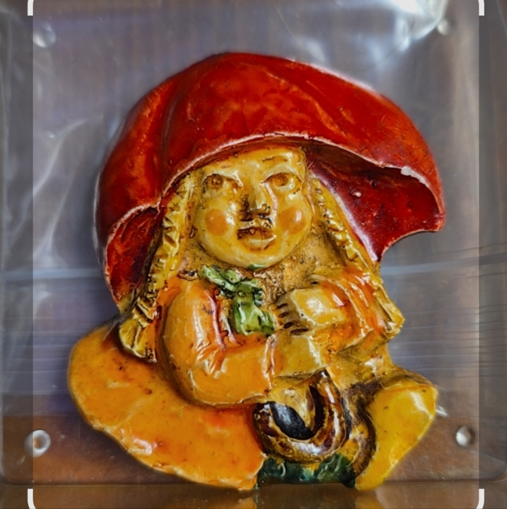 West Germany Hummel Style Girl Under Umbrellia Brooch Handpainted 2.25" Plaster